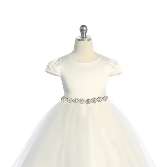 Girls ivory satin dress with rhinestone waist belt and tulle skirt - front view on mannequin

