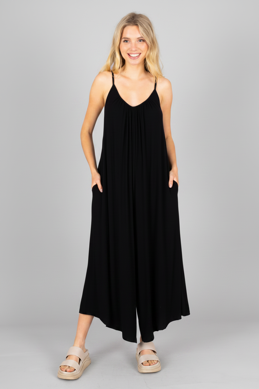 Black Wide-Leg Jumpsuit | Super Soft V-Neck Spaghetti Strap with Pockets