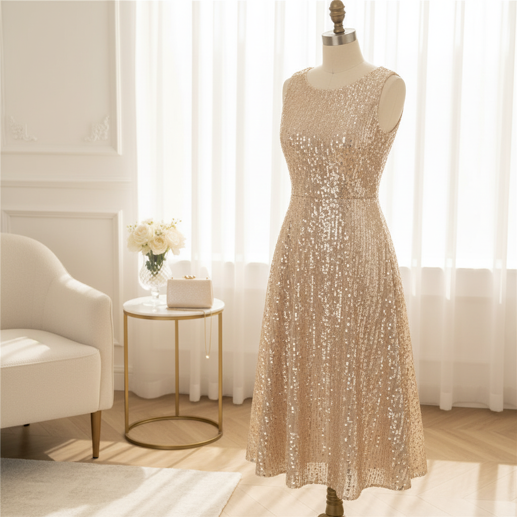 Women's champagne gold sequin A-line dress with cascading sparkle details styled in elegant setting - formal occasion and Mommy & Me matching dress