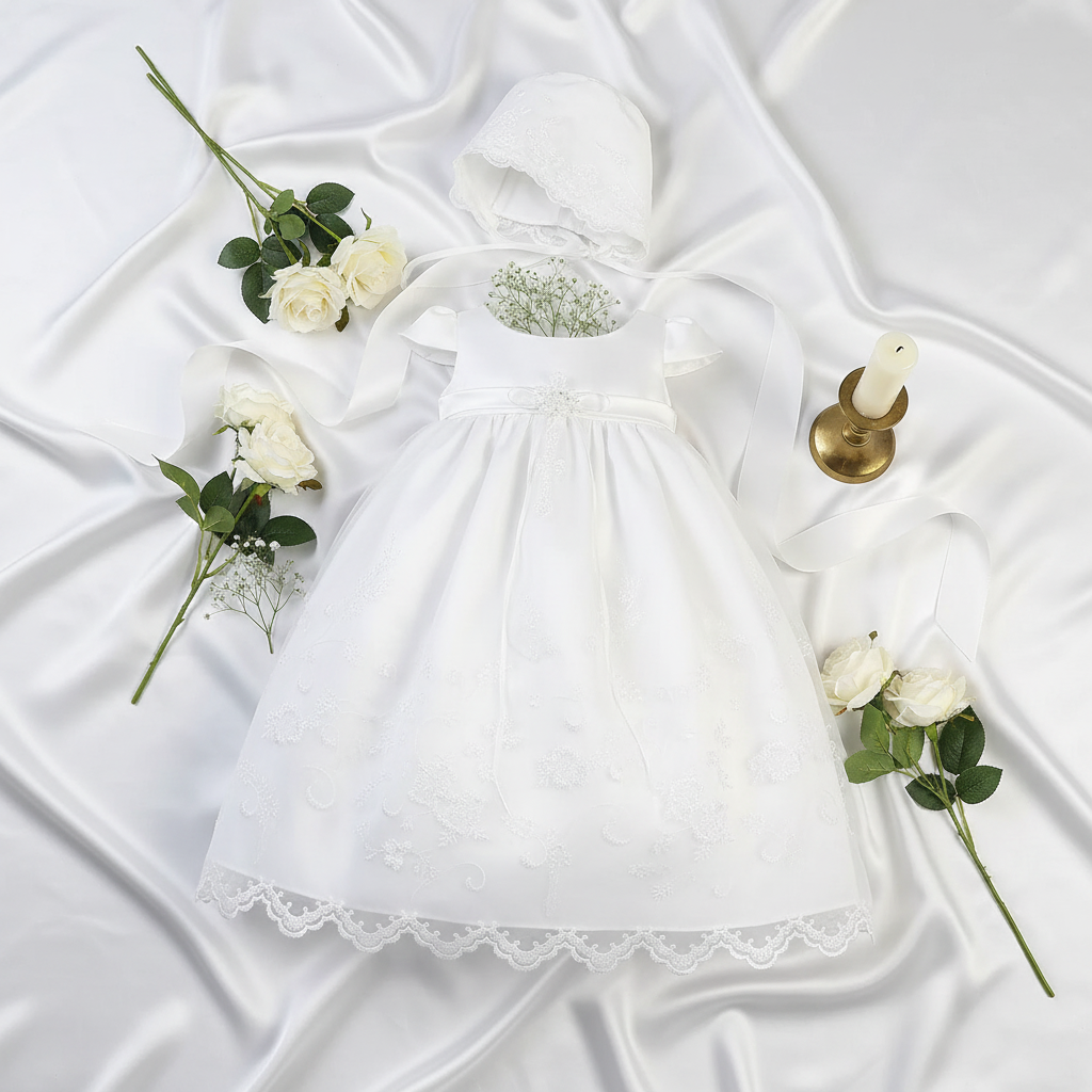White christening gown with cross embroidery and matching bonnet flat lay styled with white roses and delicate ribbons on soft linen background, overhead product photography




