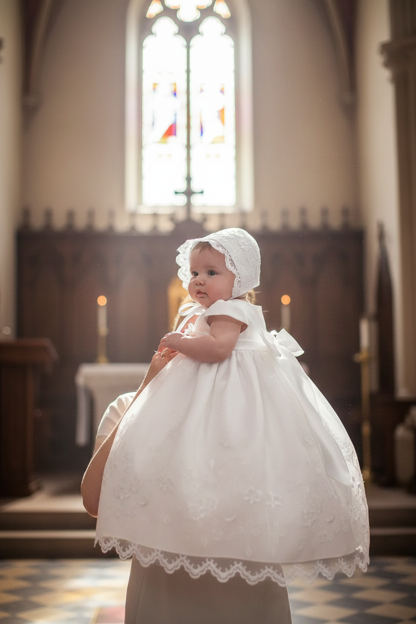 Baby girl wearing white christening gown with cross embroidery and matching bonnet in elegant church setting with soft natural light creating ethereal atmosphere