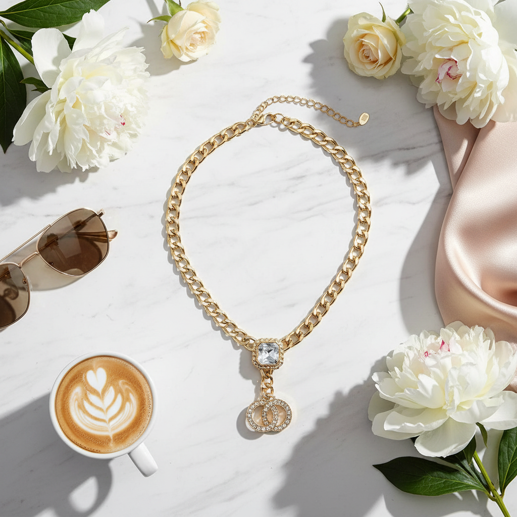 Chunky gold chain necklace with interlocking ring pendant flat lay with lifestyle props on marble surface