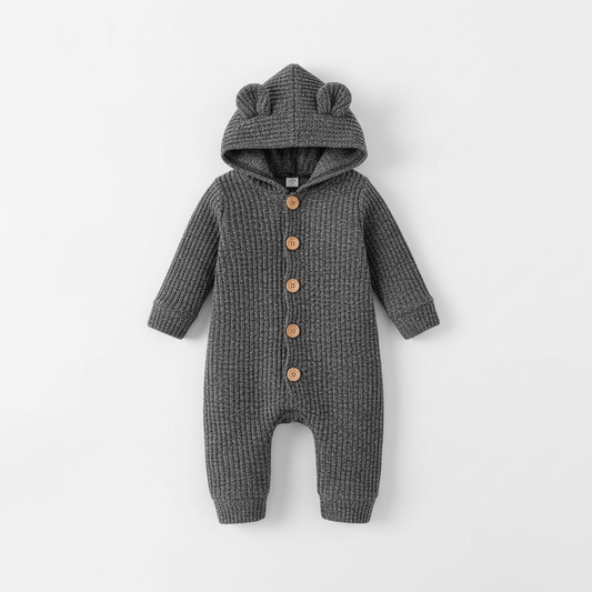 Clean background image of charcoal gray hooded romper