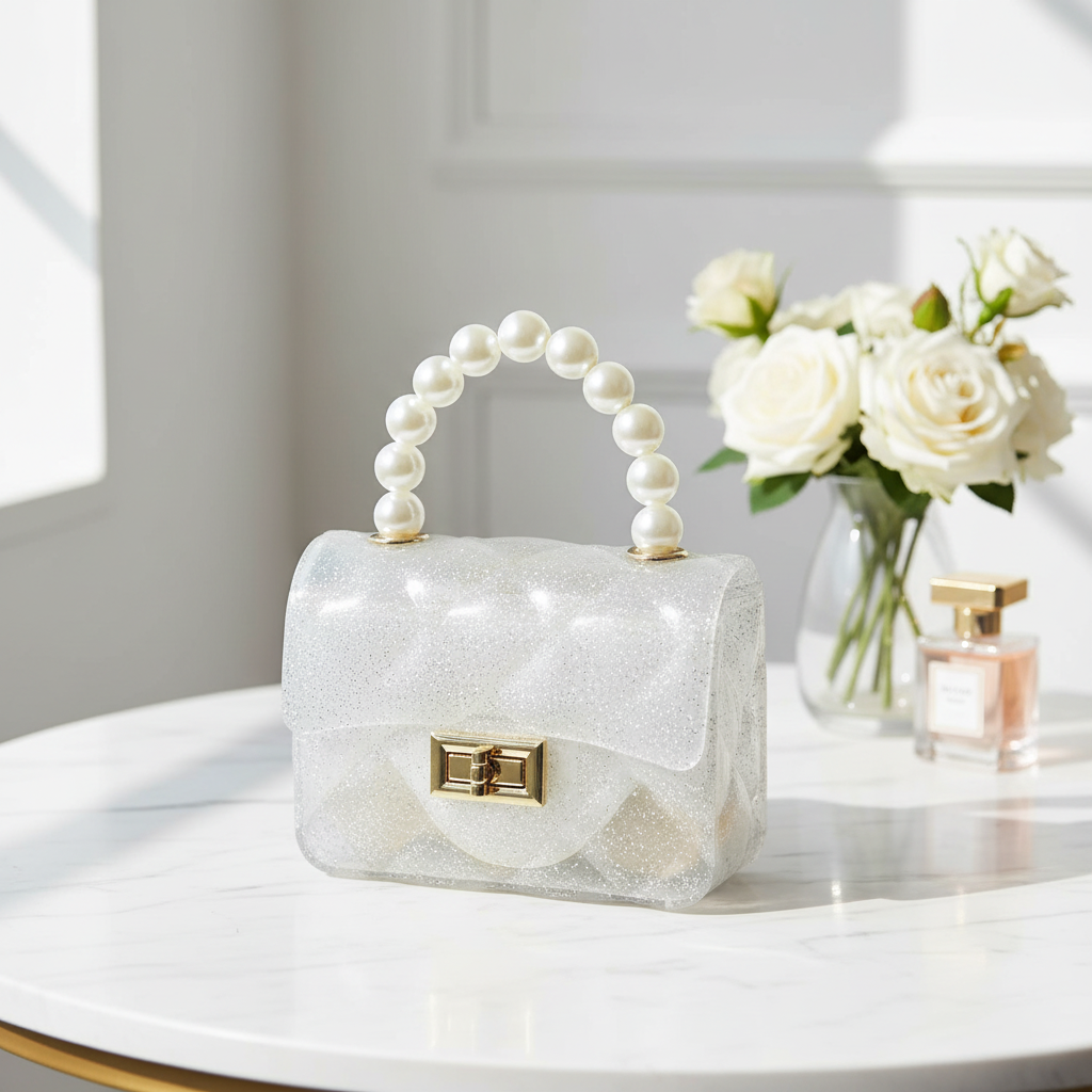 Clear quilted jelly purse with silver glitter sparkles and pearl beaded handle styled in elegant setting