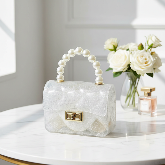 Clear quilted jelly purse with silver glitter sparkles and pearl beaded handle styled in elegant setting