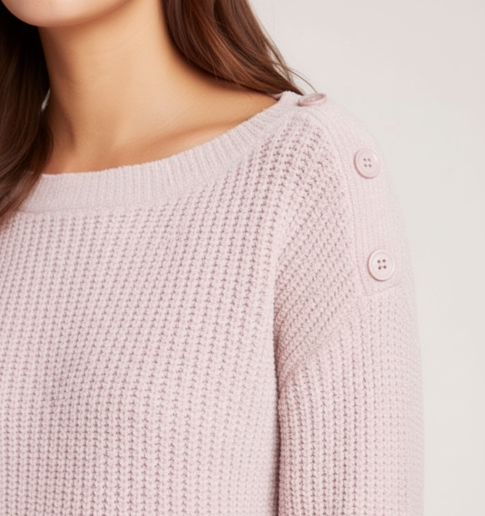 Close-up of pink chenille sweater ribbed knit texture with decorative button details on shoulder