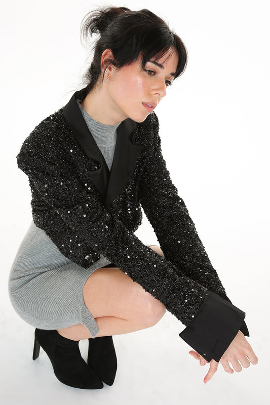 Blk Sequin Crop Jkt
