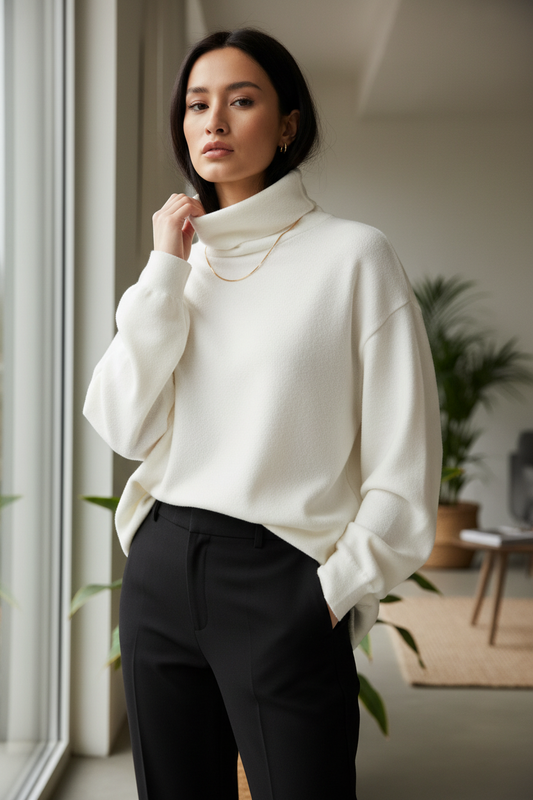 Woman wearing white oversized drop shoulder turtleneck sweater with relaxed fit