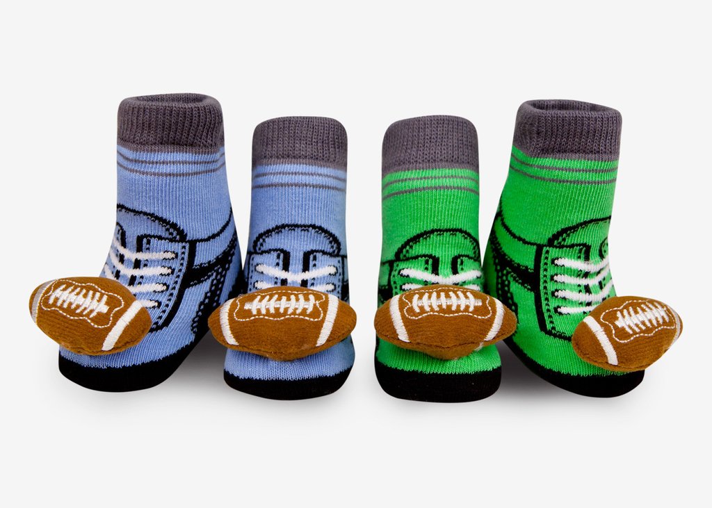 Football Rattle Socks 2-Pair Gift Set Blue Green 0-12M