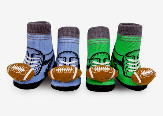 Football Rattle Socks 2-Pair Gift Set Blue Green 0-12M