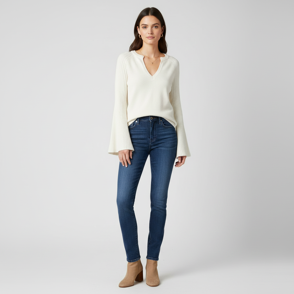 Woman wearing cream ribbed bell sleeve sweater in studio setting, showing textured knit and dramatic flared sleeves