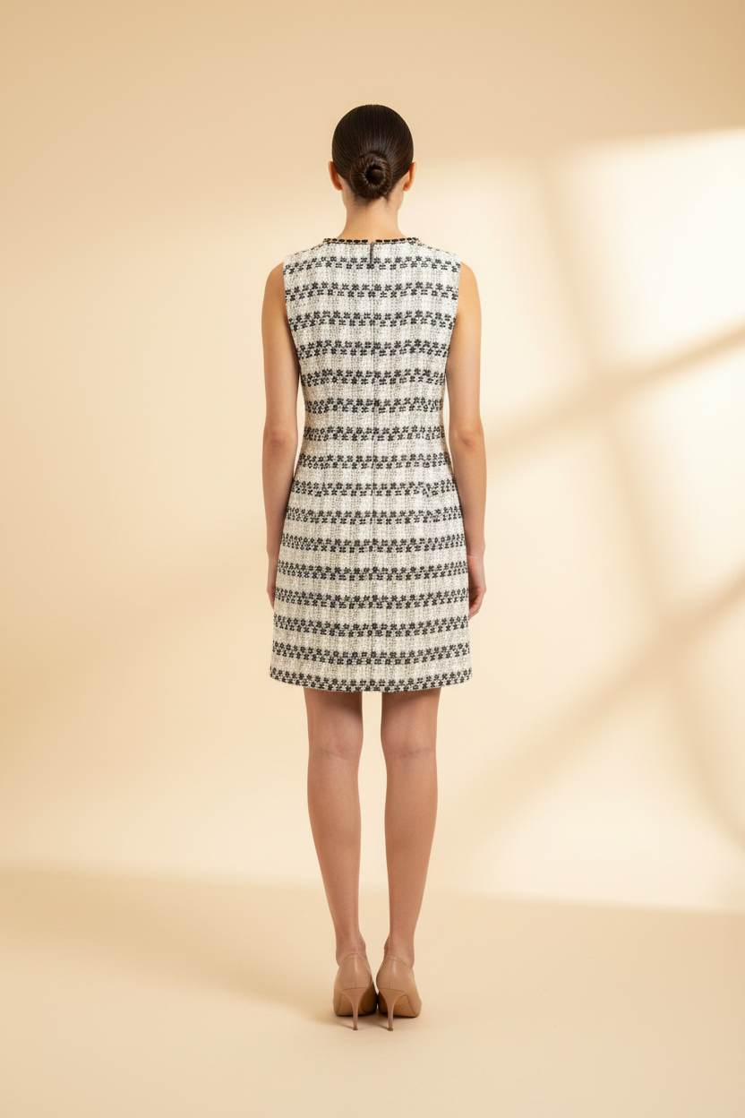 Back view of woman in cream black and gold lurex tweed shift dress showing back zip closure – Beulah structured shift dress