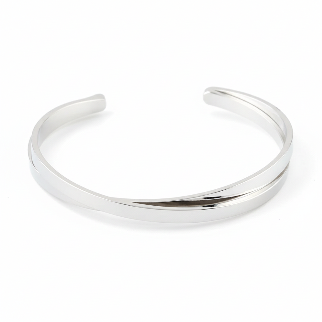 Silver crossed flat metal bangle bracelet with open cuff design showing intersecting polished bands on white background