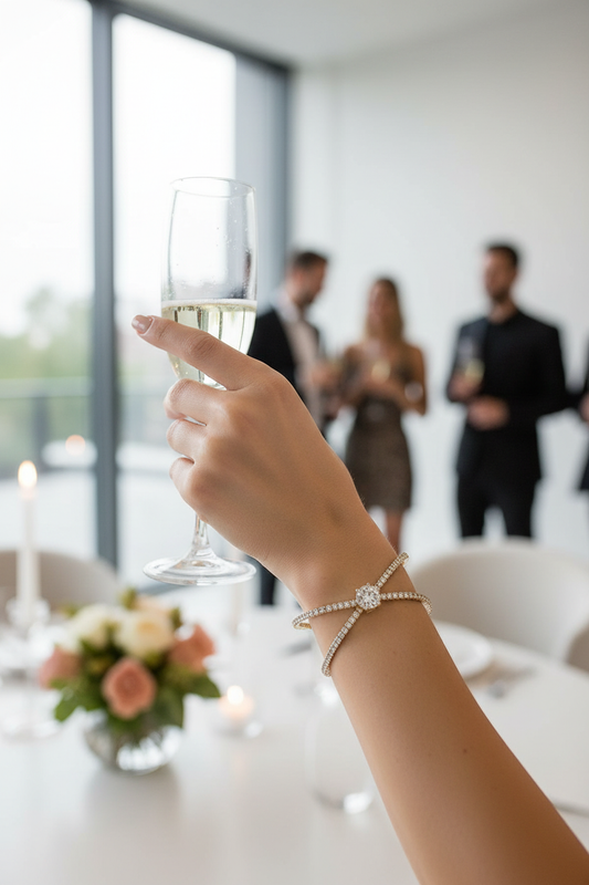 Delicate rhinestone cuff bracelet with crystal centerpiece styled in contemporary lifestyle scene with natural light
