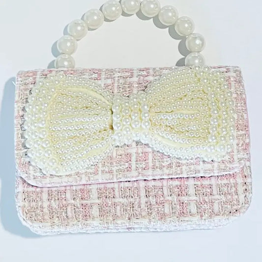 Girls' Pearl Bow Tweed Bag w/handle and chain strap