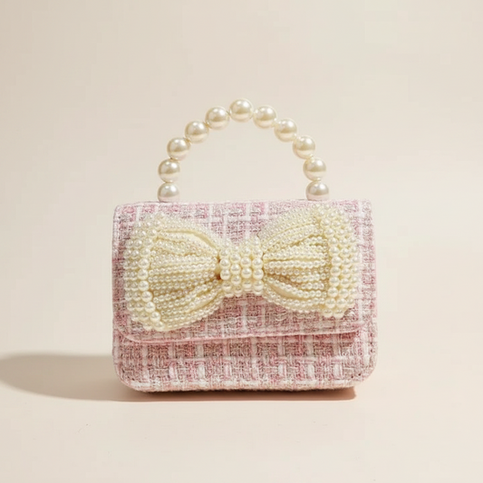 Girls Pearl Bow Tweed Mini Handbag with Pearl Bead Handle