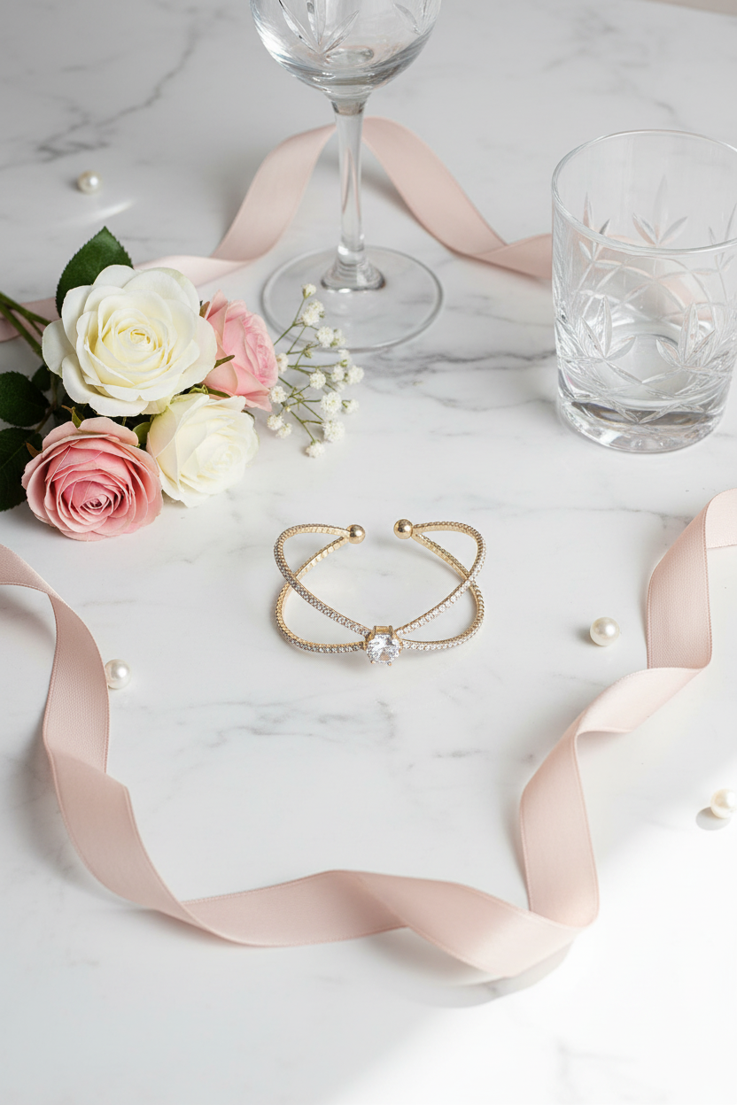 Gold cubic zirconia crossover cuff bracelet on white marble surface with fresh roses and crystal glassware