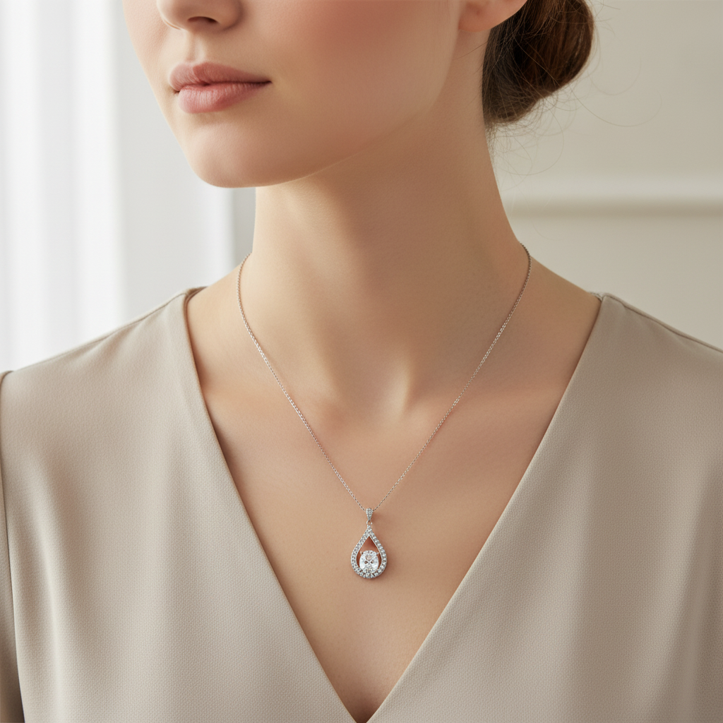Woman wearing silver cubic zirconia teardrop pendant necklace with halo detail, styled with elegant attire