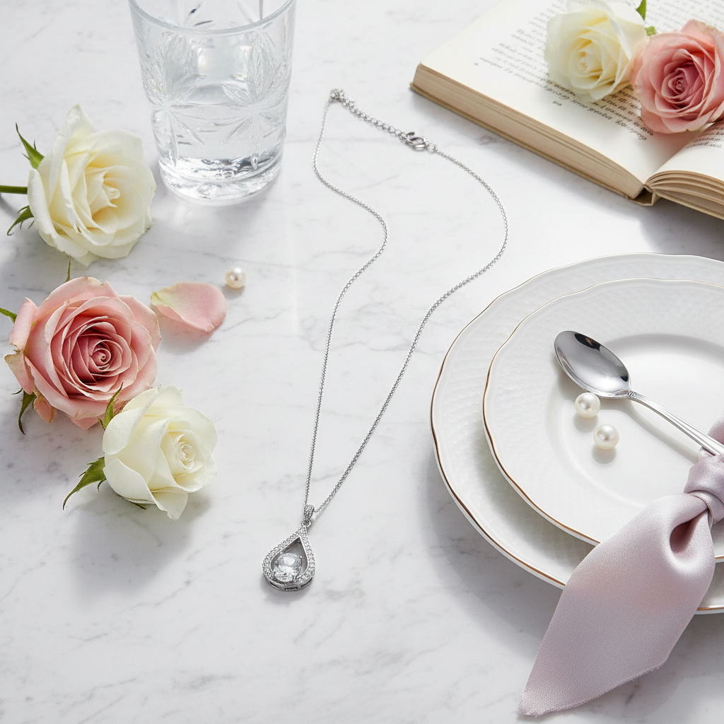 Silver cubic zirconia teardrop pendant necklace on white marble surface with fresh roses and crystal glassware