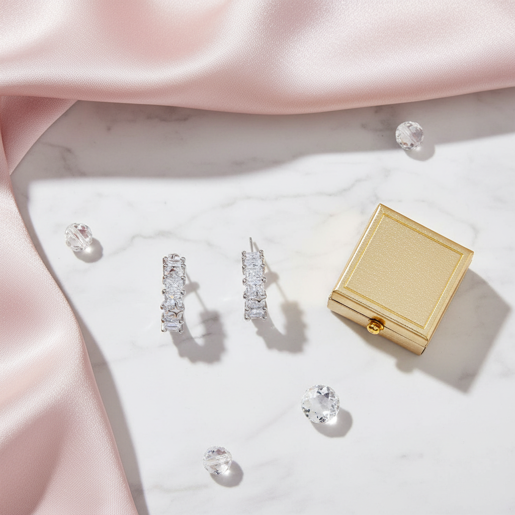 Cubic zirconia square cut hoop earrings with metal star accents styled on white marble with pink silk fabric and luxury jewelry accessories