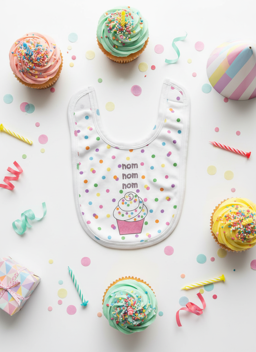 Cupcake bib flat lay with birthday decorations and cupcakes