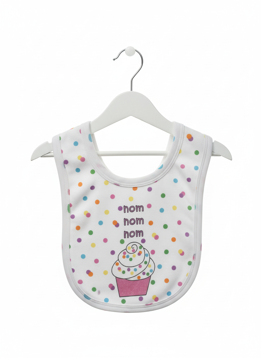 Nom nom nom cupcake bib on hanger white background