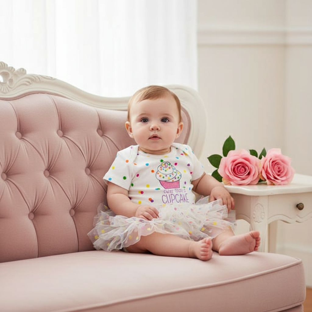 Cupcake Onesie on Velvet Chair