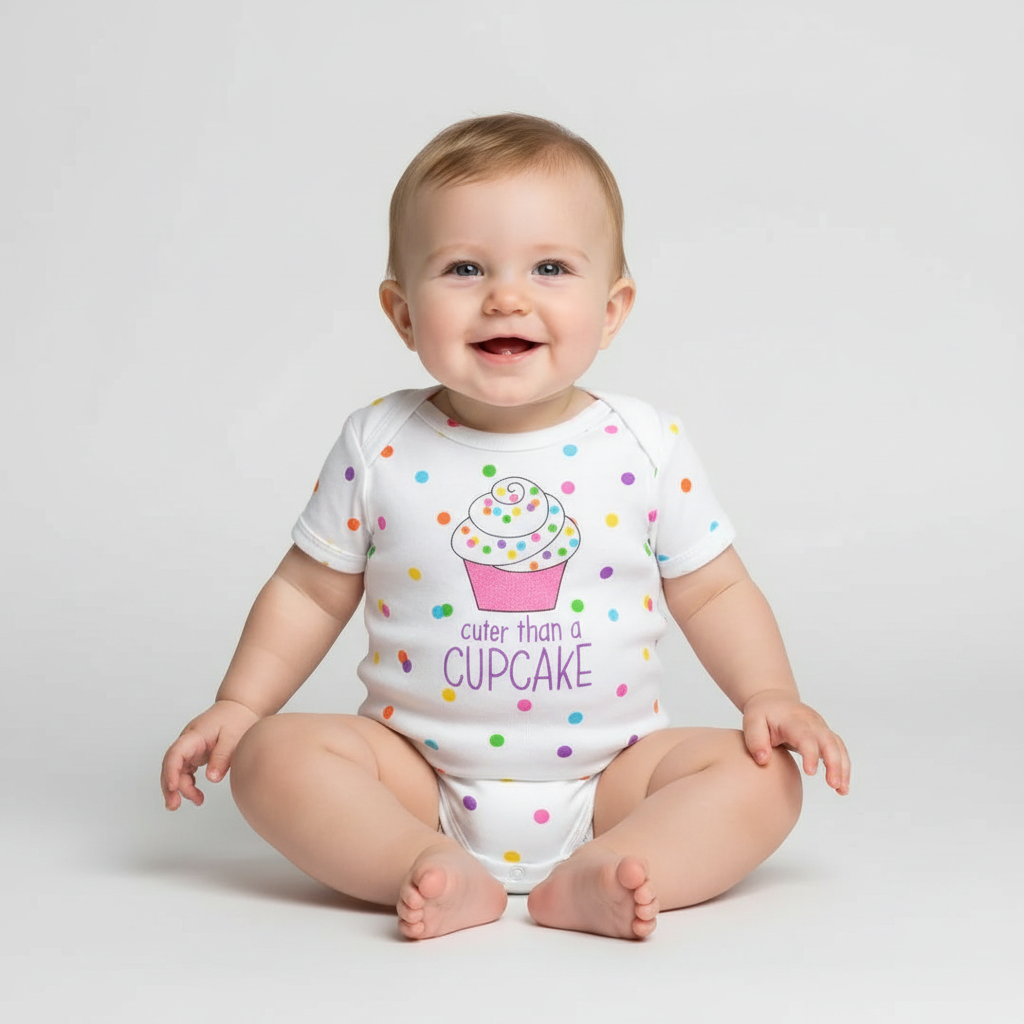 Baby wearing white cuter than a cupcake onesie with confetti pattern in professional studio setting
