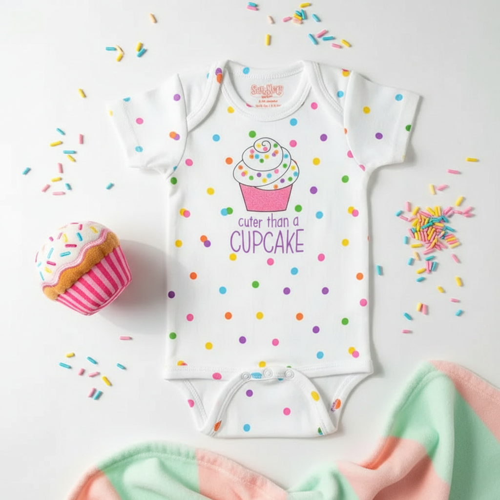 Flat lay of white cupcake baby onesie with confetti pattern and cupcake-themed props on white background
