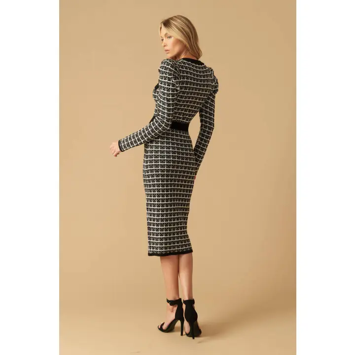 Black White Boucle Knit Midi Dress | Long Sleeve V-Neck | Gold Buttons | Pinktini Fashion L Black White Boucle Knit Midi Dress | Long Sleeve V-Neck | Gold Buttons | Pinktini Fashion L