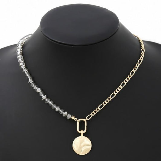 Glass Beaded Figaro Link Chain Hammered Metal Coin Pendant Necklace