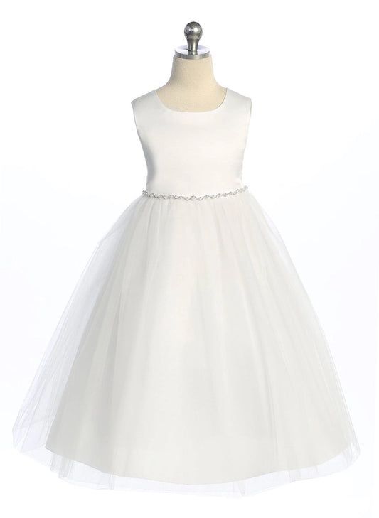 Girls' Satin/Tulle Dress w/ Pearl & Rhinestone Trim - WHT