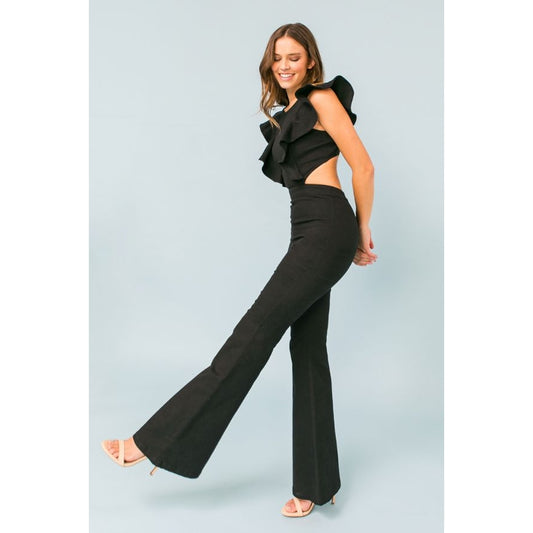 Black Flared Stretch Denim Jumpsuit with Ruffle Detail