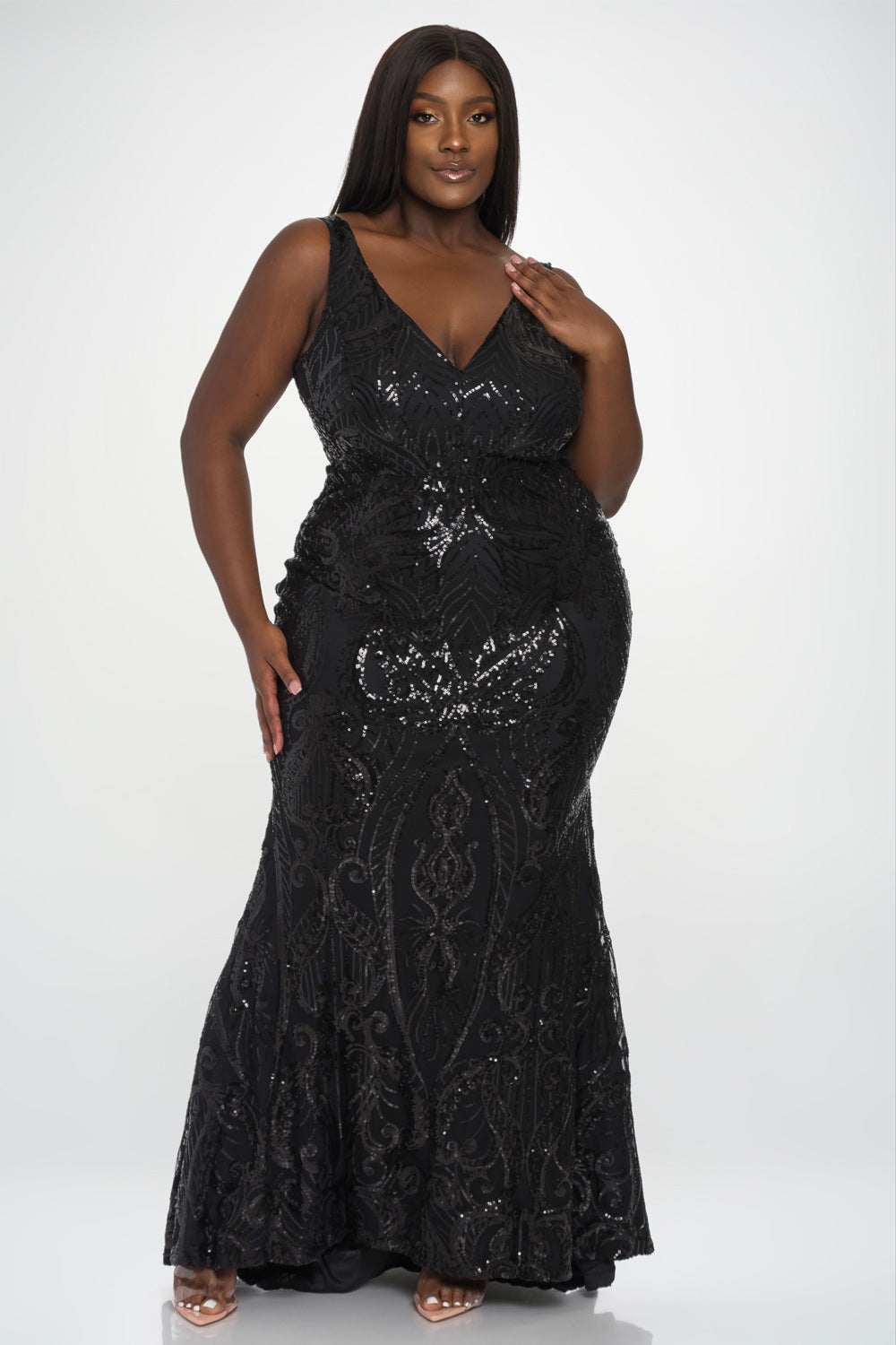 Sleeveless Sequin V-Neck Gown PLUS
