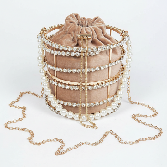 Rhinestone & Pearl Metal Frame Clutch  - Tube