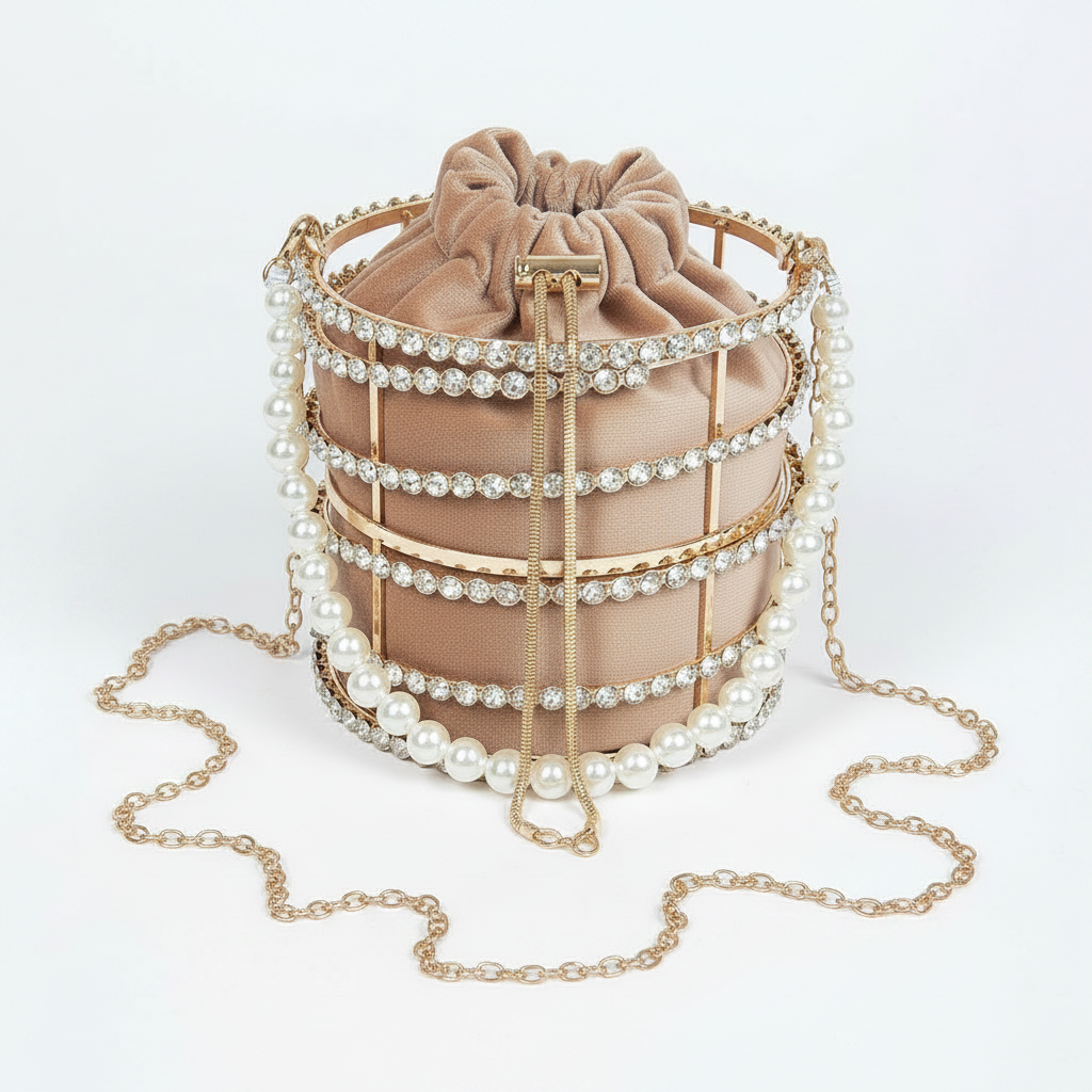 Rhinestone Pearl Cage Bucket Clutch - Gold Evening Bag