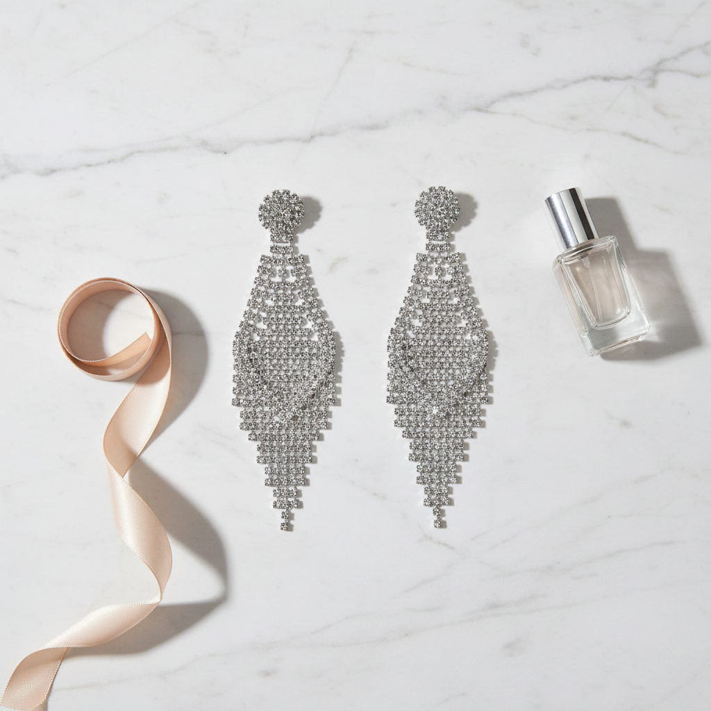 Luxury flat lay of 3.5-inch diamond accent chandelier earrings on white marble with elegant accessories
