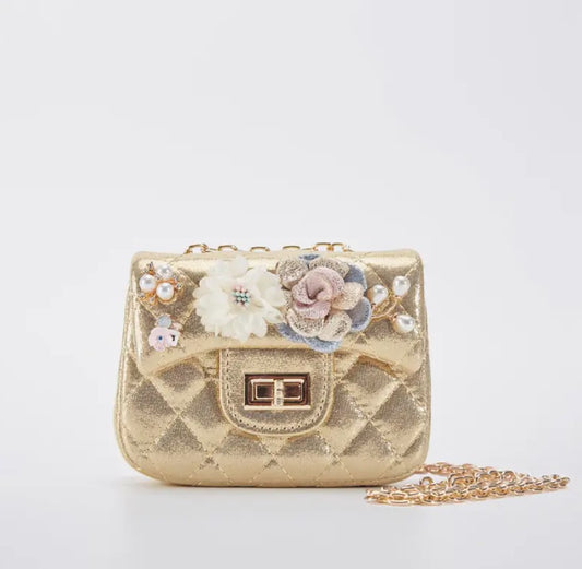 Girls' Floral Appliques Metallic Quilted Purse