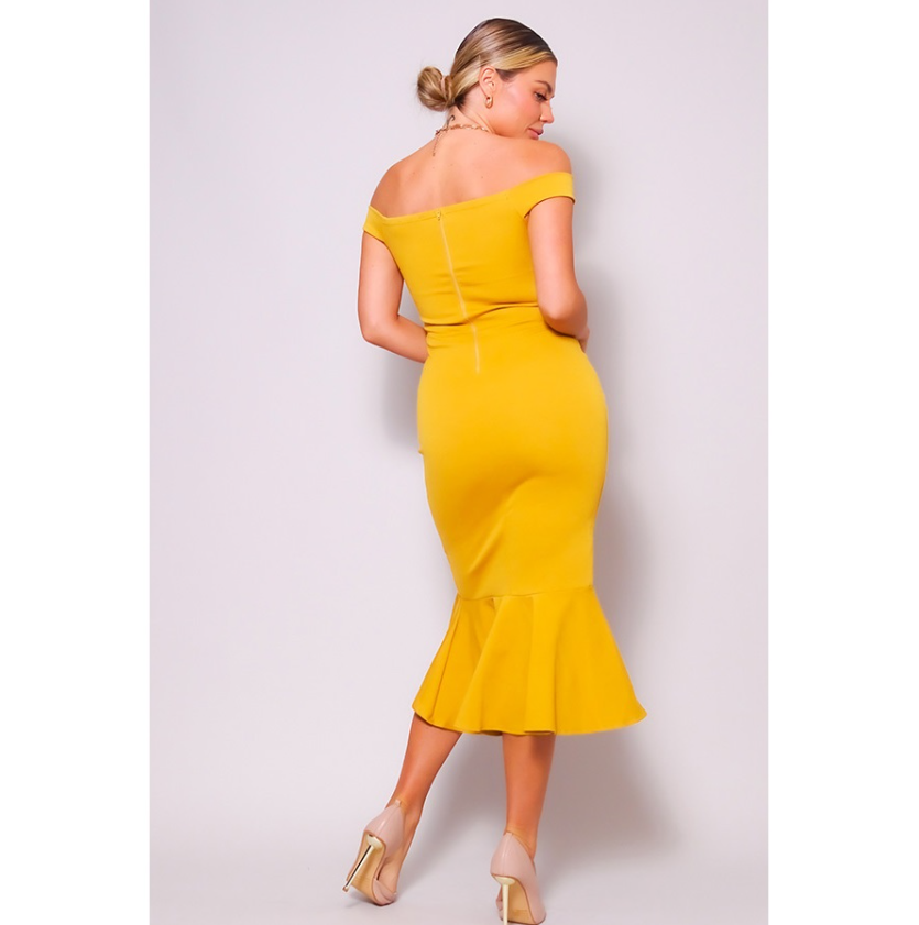 Off Shoulder Ruffle Mermaid Midi Dress