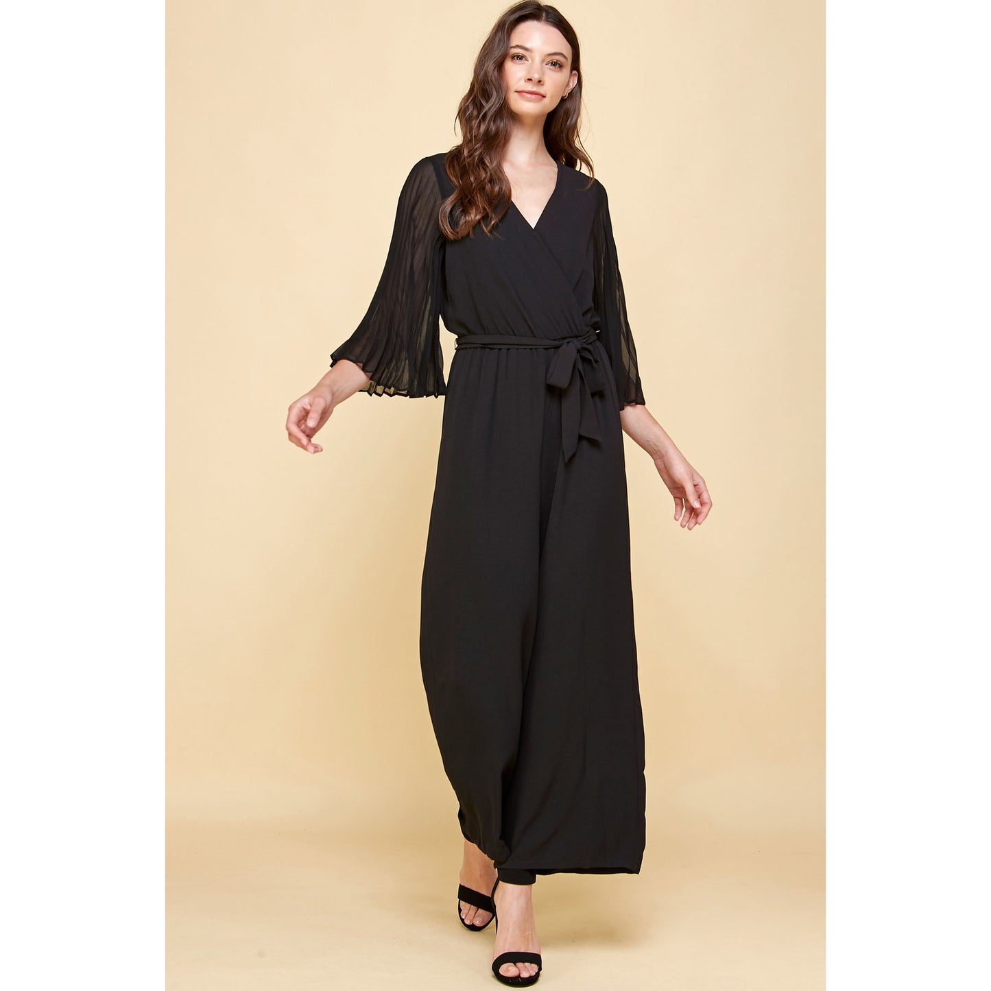 Woven V-Neck Chiffon Pleated Sleeves Jumpsuit