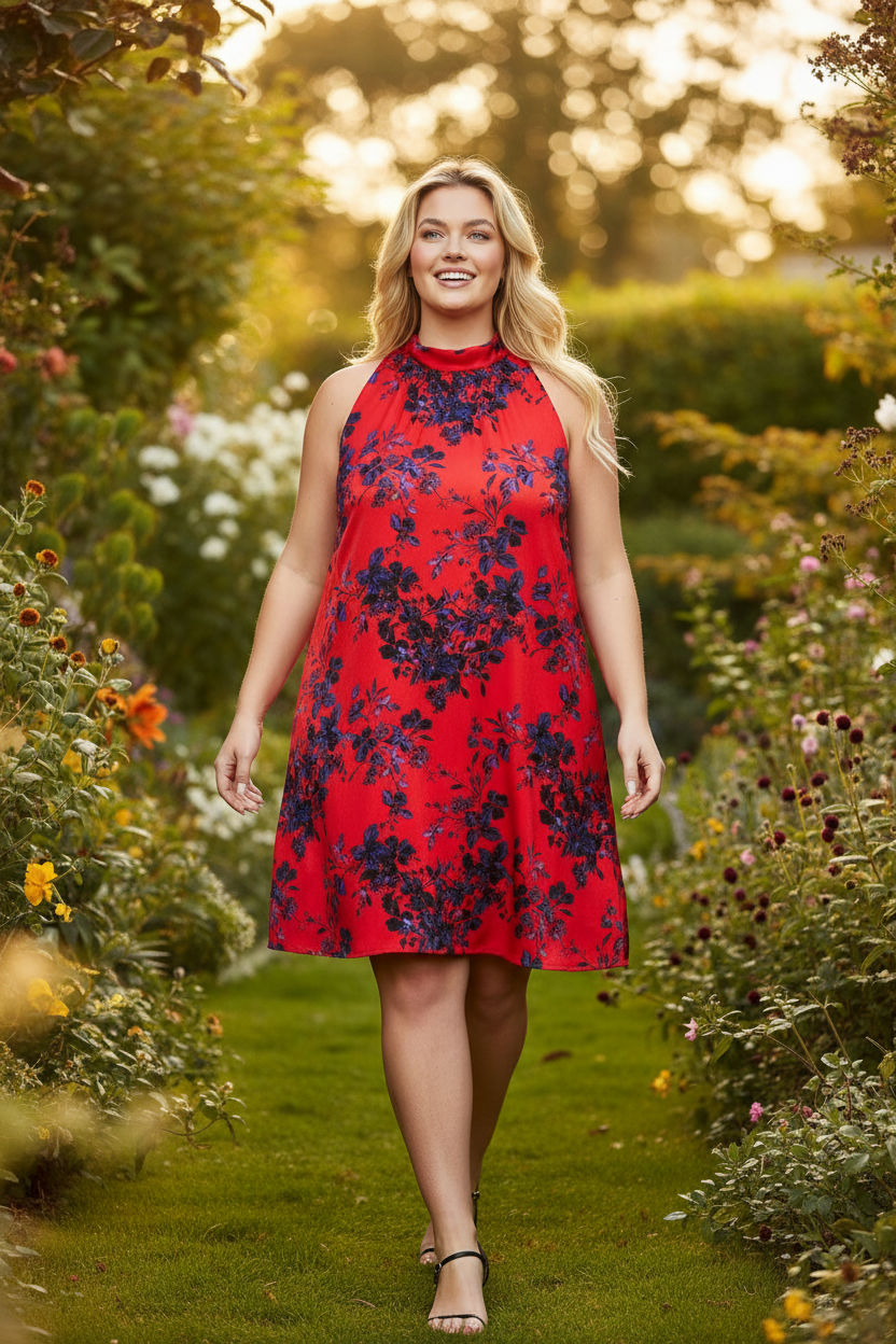 Red Floral Print Ruffle Mock Neck Swing Dress - Plus Size