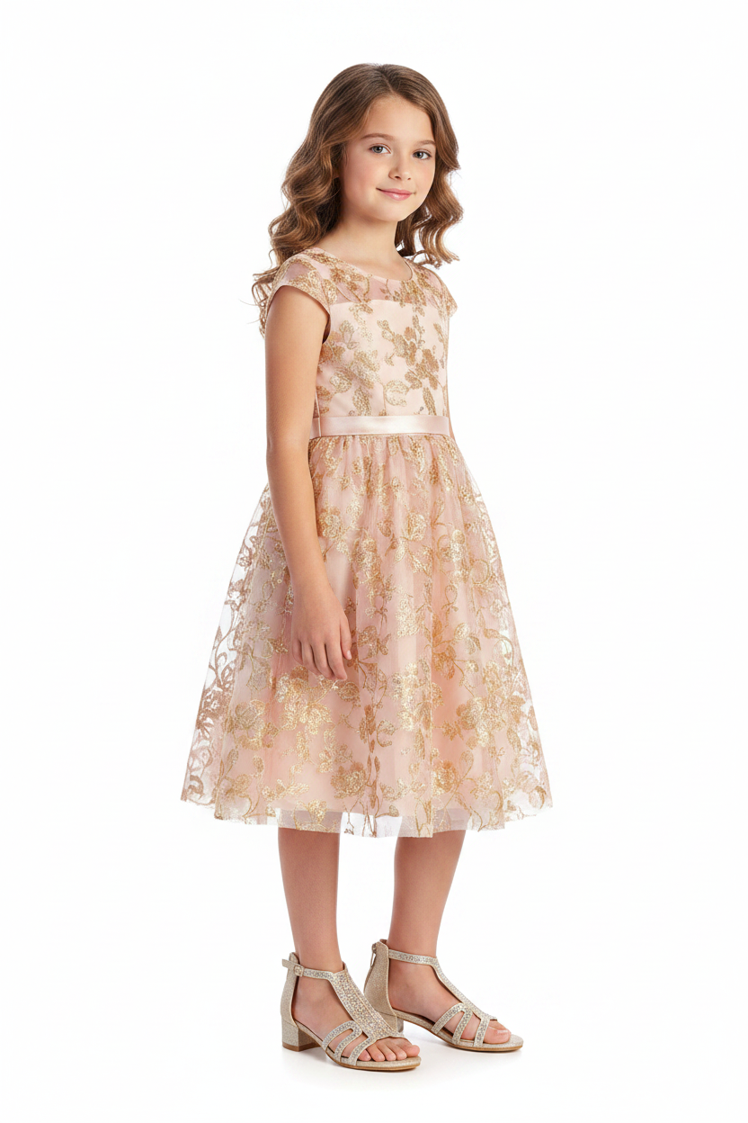 Girls' Rose Gold Rhinestone Block Heel Sandal | Glitter Dress Shoe
