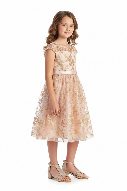 Girls' Rose Gold Rhinestone Block Heel Sandal | Glitter Dress Shoe