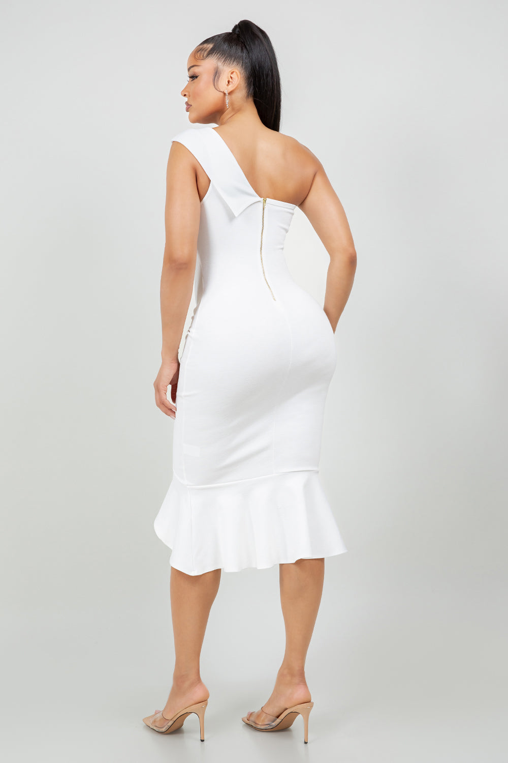 One Shoulder Flounce Midi Dress White