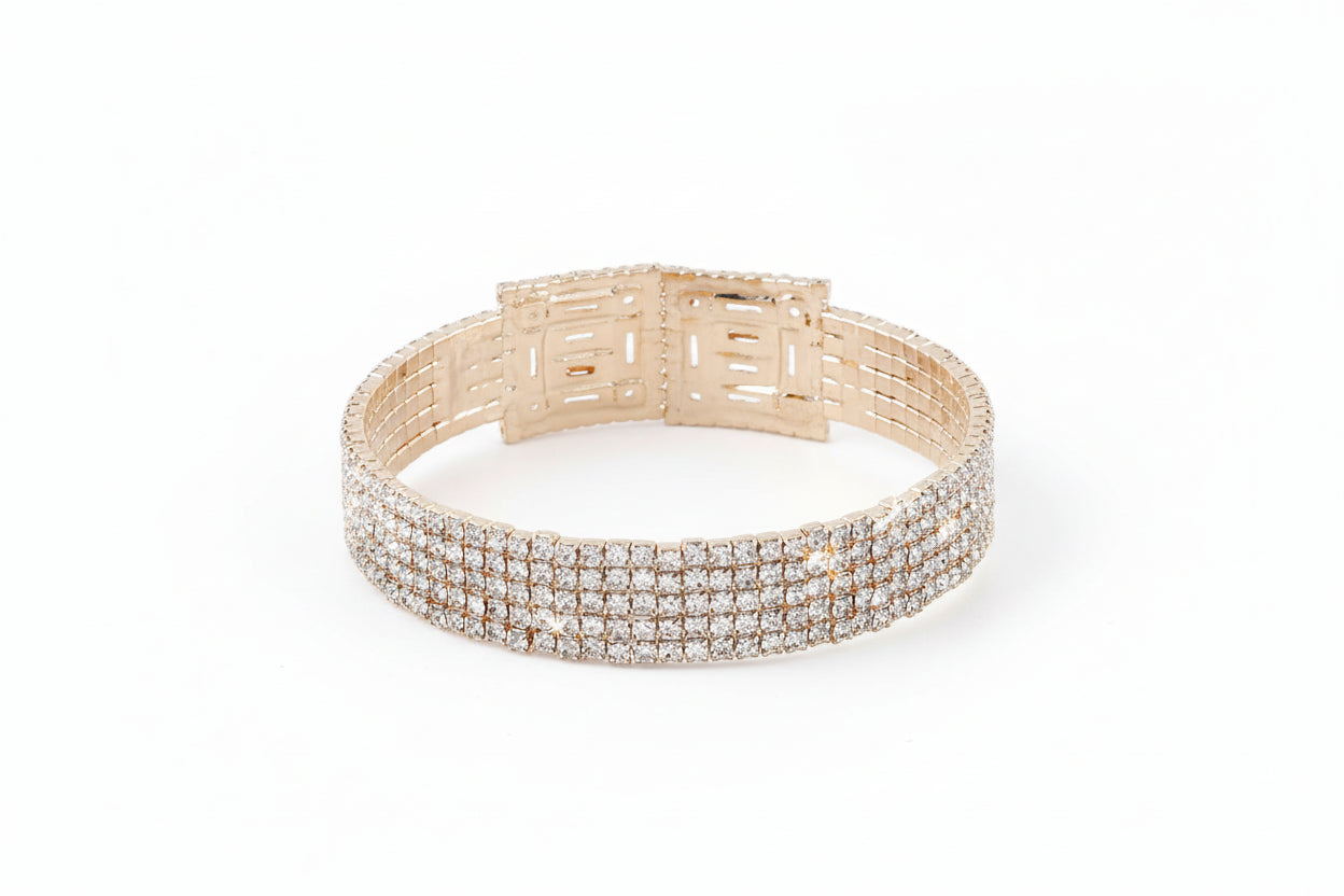 "Gold crystal block bracelet back view showing stretch band construction, bright white background, professional studio lighting