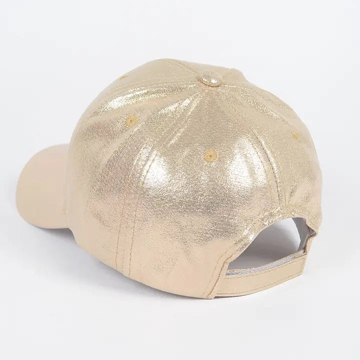 Gold metallic baseball cap on a white background, back view