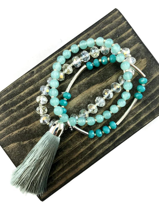 Crystal Blue & Silver Beaded Stretch Bracelet Set with Tassel