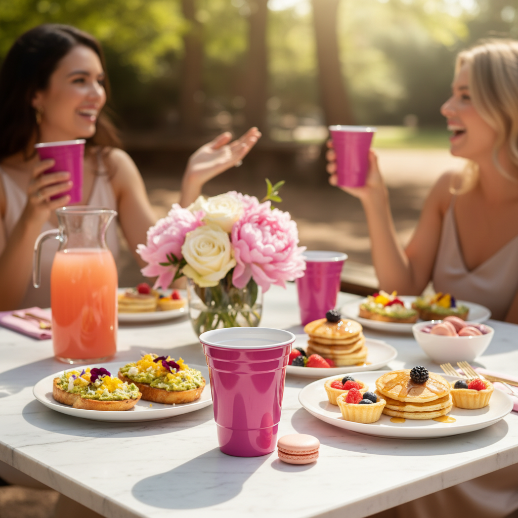 Editorial brunch scene with pink reusable party cup