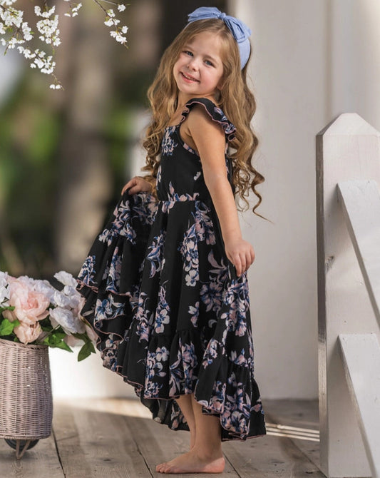 Girls' Garden Party Floral Hi-Lo Ruffle Navy