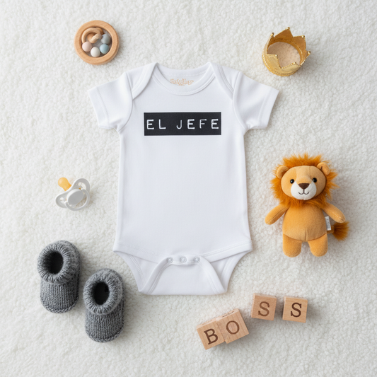 Flat lay of white El Jefe baby onesie surrounded by baby accessories including pacifier, booties, and toys on white background
